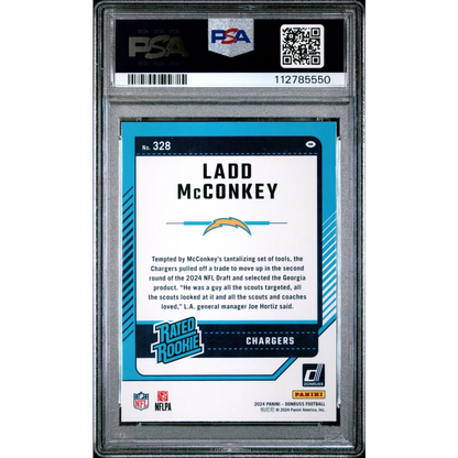 PSA 10 Graded 2024 Panini Donruss Ladd McConkey #328 Rookie RC Chargers Card