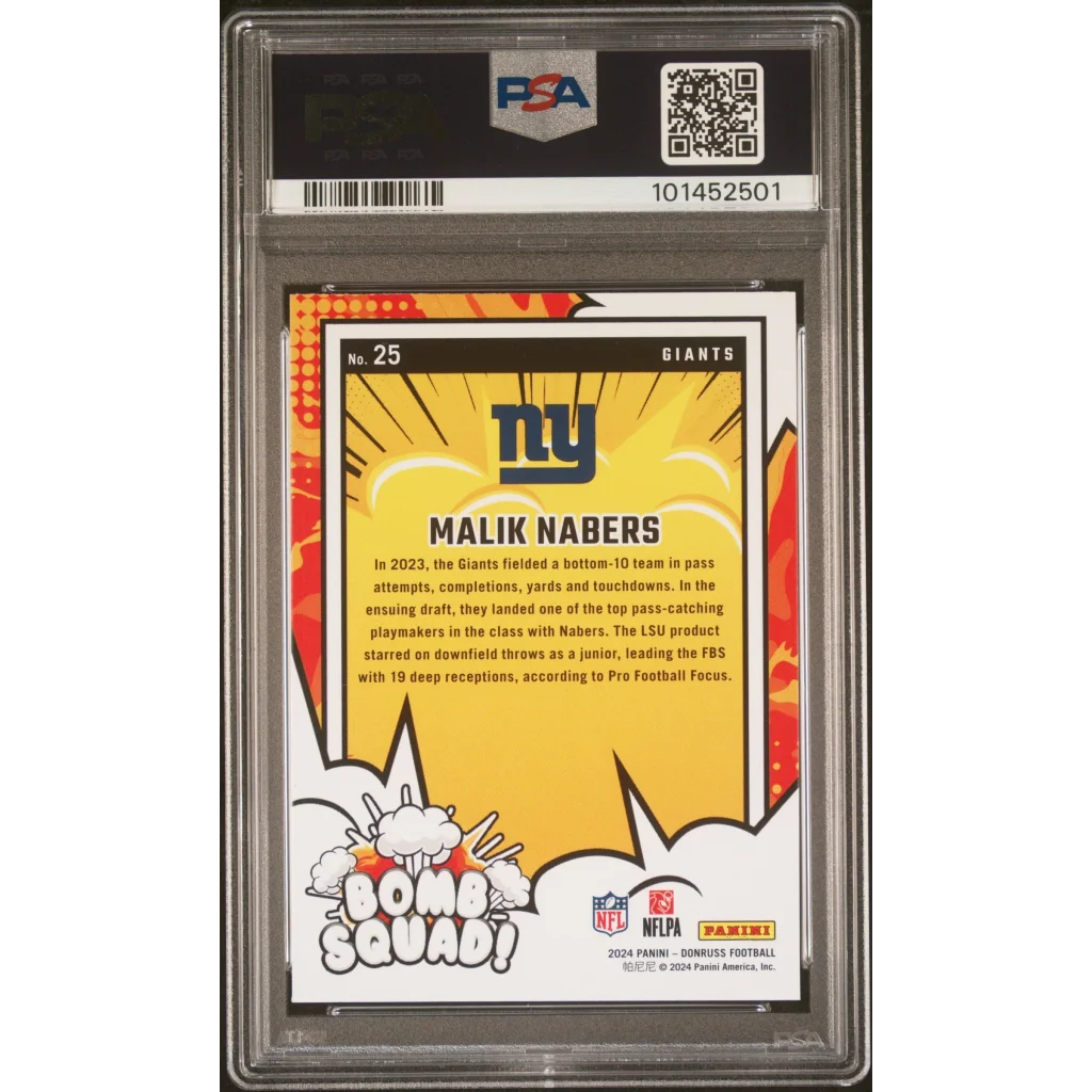 Graded 2024 Panini Donruss Malik Nabers #25 Bomb Squad Rookie RC Football Card PSA 10 Gem Mint | PSA 10 Gem Mint Graded Rookie Card | vintageantiquesgifts.com