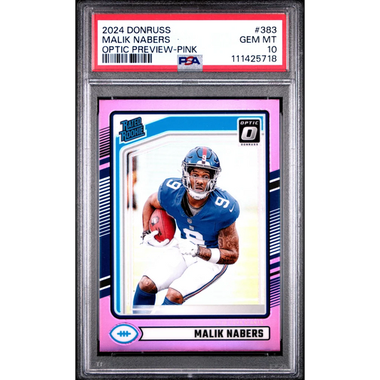 Graded 2024 Panini Donruss Malik Nabers #383 Optic Preview Pink Rookie RC Football Card PSA 10 Gem Mint | Hall of Fame Sports Memorabilia | vintageantiquesgifts.com