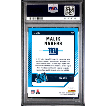 Graded 2024 Panini Donruss Malik Nabers #383 Optic Preview Pink Rookie RC Football Card PSA 10 Gem Mint | PSA 10 Gem Mint Graded Rookie Card | vintageantiquesgifts.com