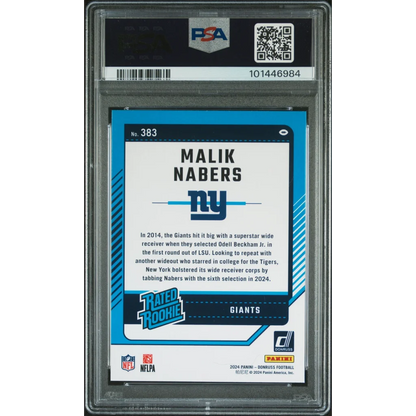 Graded PSA 10 2024 Panini Donruss Malik Nabers #383 Rookie RC Card
