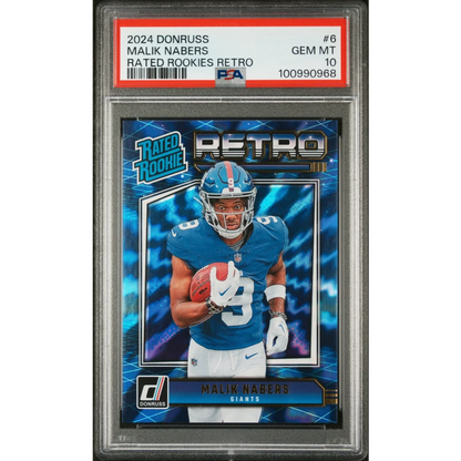 Graded 2024 Panini Donruss Malik Nabers #6 Rated Rookies Retro Rookie RC Football Card PSA 10 Gem Mint | Hall of Fame Sports Memorabilia | vintageantiquesgifts.com