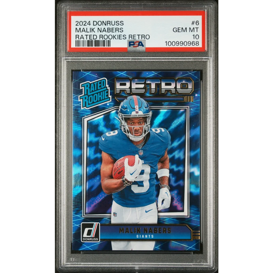 Graded 2024 Panini Donruss Malik Nabers #6 Rated Rookies Retro Rookie RC Football Card PSA 10 Gem Mint | Hall of Fame Sports Memorabilia | vintageantiquesgifts.com