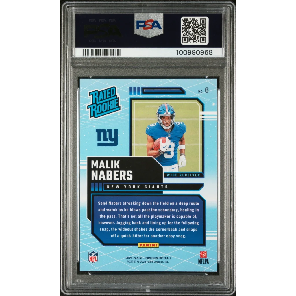 Graded 2024 Panini Donruss Malik Nabers #6 Rated Rookies Retro Rookie RC Football Card PSA 10 Gem Mint | PSA 10 Gem Mint Graded Rookie Card | vintageantiquesgifts.com