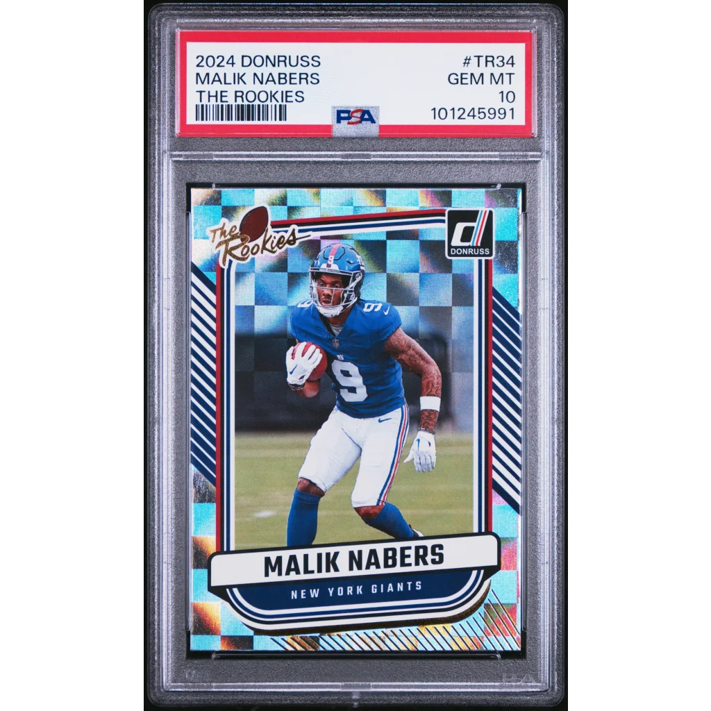PSA graded Malik Nabers 2024 Donruss The Rookies football card on display