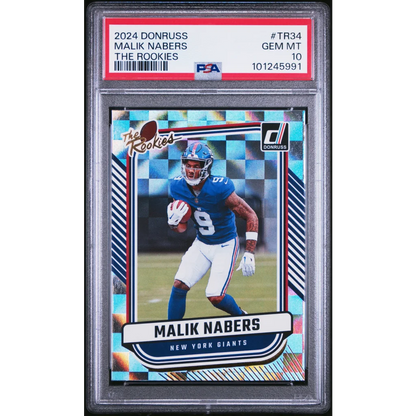 PSA graded Malik Nabers 2024 Donruss The Rookies football card on display