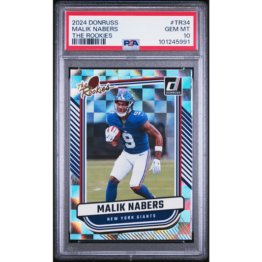 PSA graded Malik Nabers 2024 Donruss The Rookies football card on display