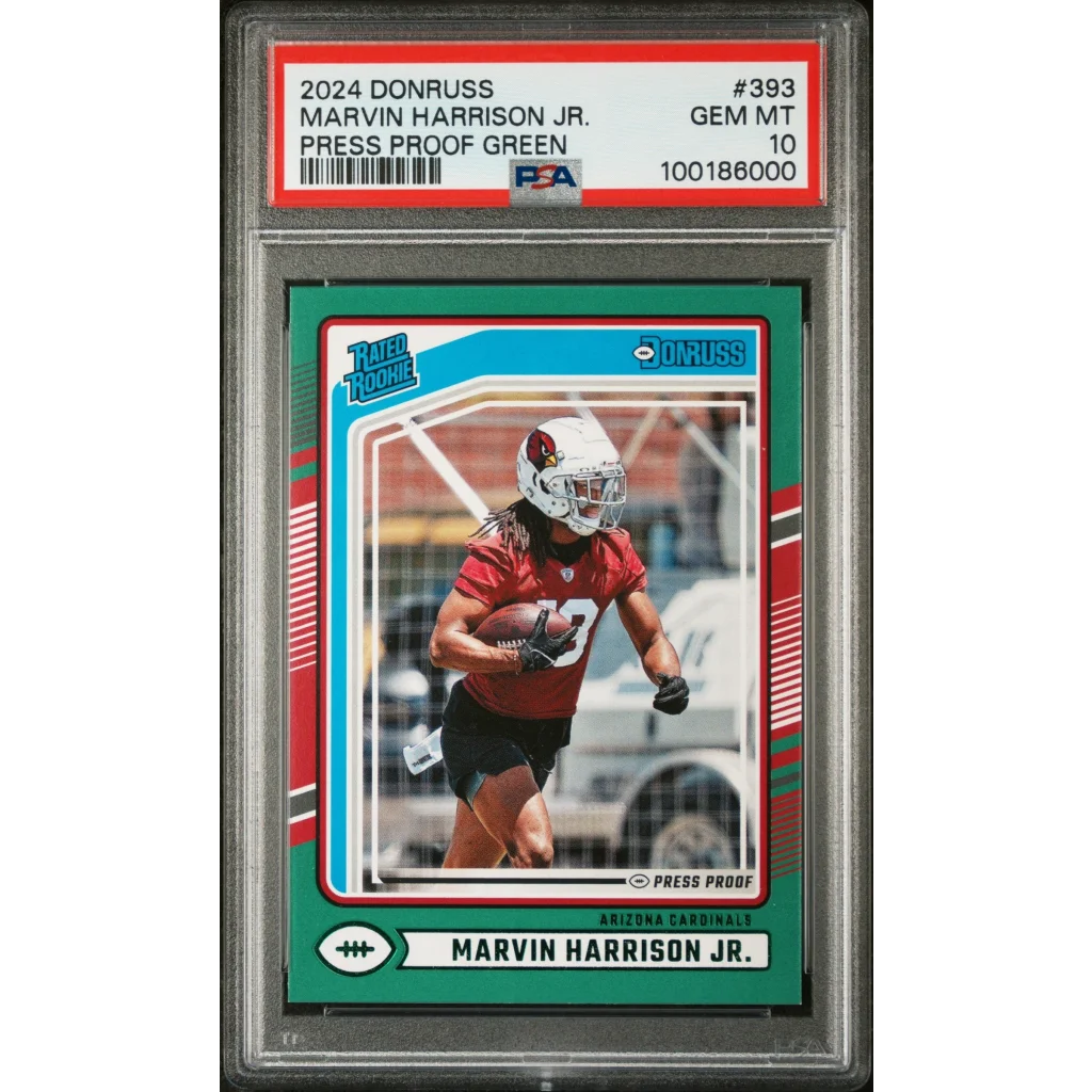 Graded 2024 Panini Donruss Marvin Harrison Jr #393 Press Proof Green Rookie RC Football Card PSA 10 Gem Mint | Hall of Fame Sports Memorabilia | vintageantiquesgifts.com