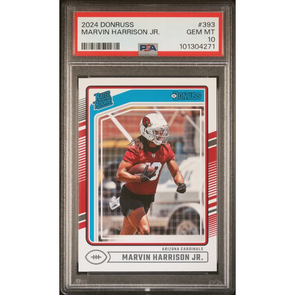 A graded 2024 Donruss Marvin Harrison Jr rookie football card in PSA case