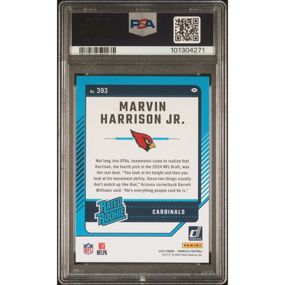 Graded 2024 Donruss Marvin Harrison Jr rookie football card in PSA holder