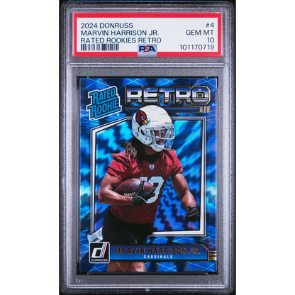 Graded 2024 Panini Donruss Marvin Harrison Jr #4 Rated Rookies Retro Rookie RC Football Card PSA 10 Gem Mint | Hall of Fame Sports Memorabilia | vintageantiquesgifts.com