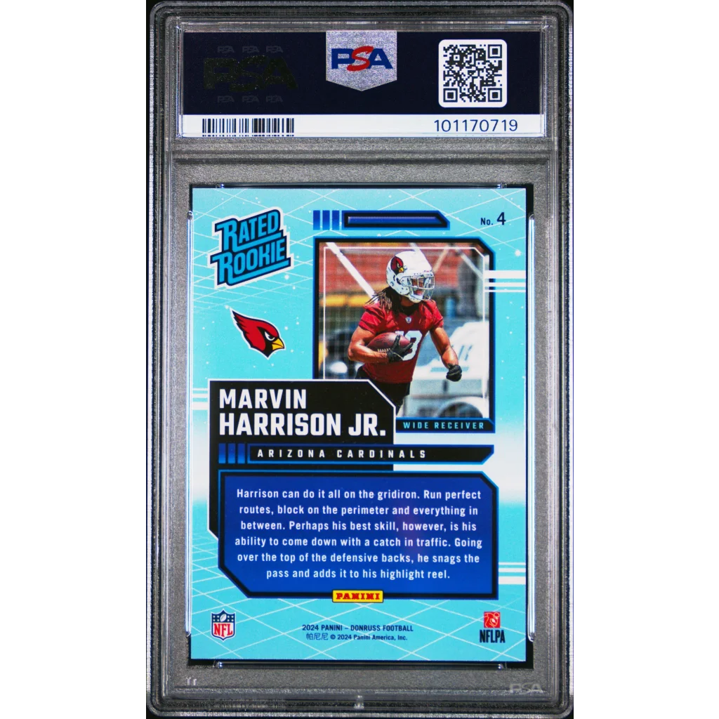 Graded 2024 Panini Donruss Marvin Harrison Jr #4 Rated Rookies Retro Rookie RC Football Card PSA 10 Gem Mint | PSA 10 Gem Mint Graded Rookie Card | vintageantiquesgifts.com