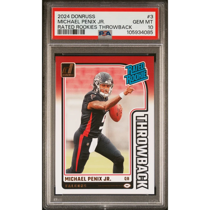 Graded 2024 Panini Donruss Michael Penix Jr #3 Rated Rookies Throwback Rookie RC Football Card PSA 10 Gem Mint | Hall of Fame Sports Memorabilia | vintageantiquesgifts.com