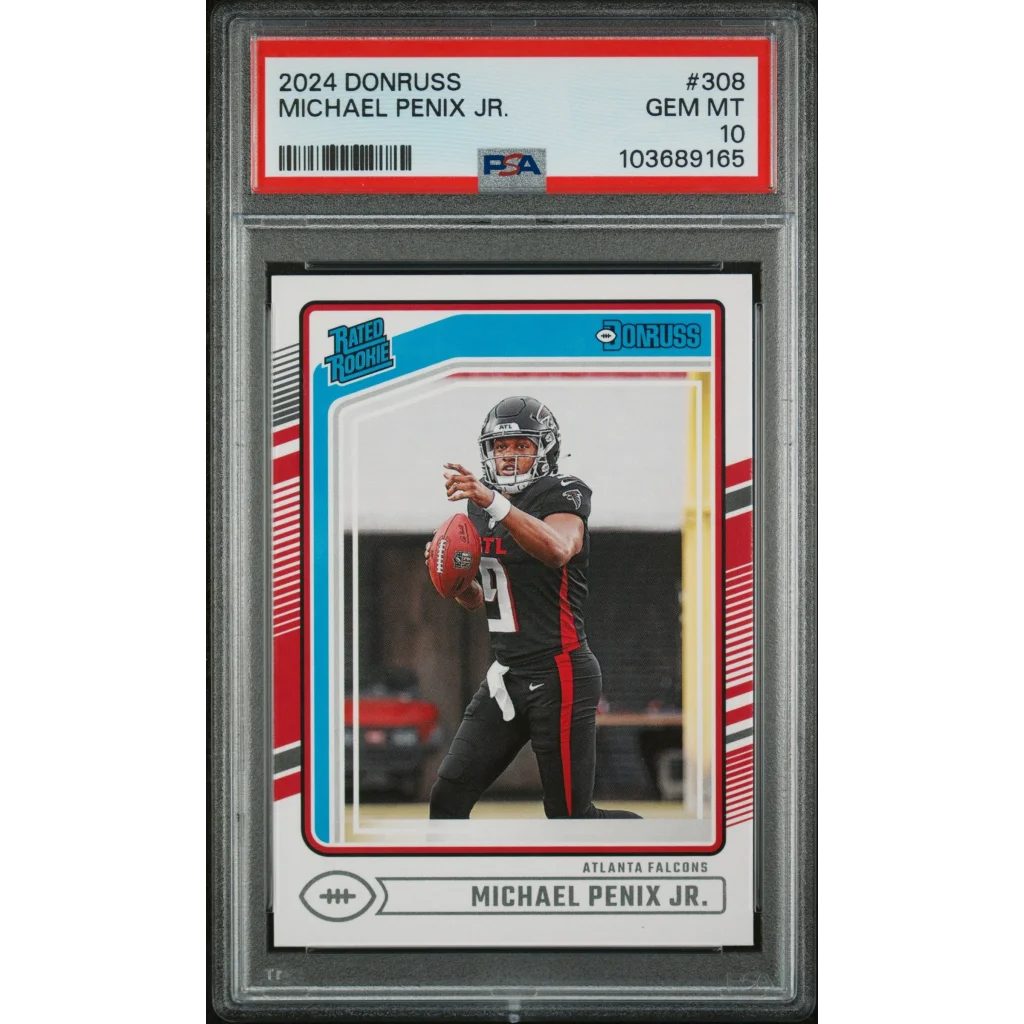 Michael Penix Jr PSA graded rookie card displayed in Atlanta Falcons product