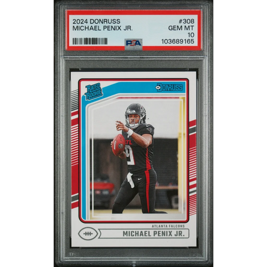 Michael Penix Jr PSA graded rookie card displayed in Atlanta Falcons product