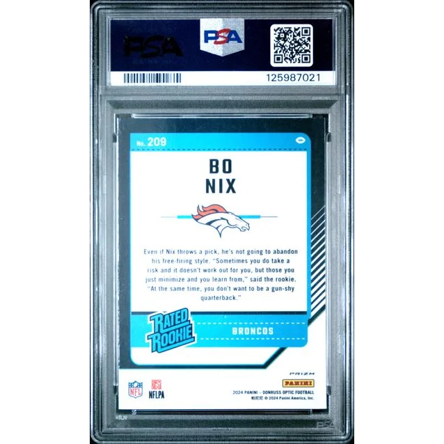 Graded 2024 Panini Donruss Optic Bo Nix #209 Blue Glitter Rookie RC Football Card PSA 10 Gem Mint | PSA 10 Gem Mint Graded Rookie Card | vintageantiquesgifts.com