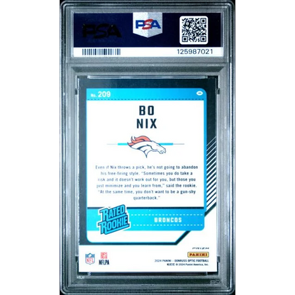Graded 2024 Panini Donruss Optic Bo Nix #209 Blue Glitter Rookie RC Football Card PSA 10 Gem Mint | PSA 10 Gem Mint Graded Rookie Card | vintageantiquesgifts.com