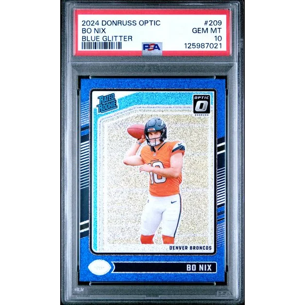 Graded 2024 Panini Donruss Optic Bo Nix #209 Blue Glitter Rookie RC Football Card PSA 10 Gem Mint | Hall of Fame Sports Memorabilia | vintageantiquesgifts.com