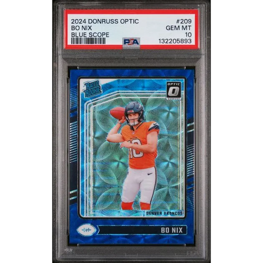 Graded 2024 Panini Donruss Optic Bo Nix #209 Blue Scope Rookie RC Football Card PSA 10 Gem Mint | Hall of Fame Sports Memorabilia | vintageantiquesgifts.com