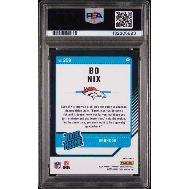 Graded 2024 Panini Donruss Optic Bo Nix #209 Blue Scope Rookie RC Football Card PSA 10 Gem Mint | PSA 10 Gem Mint Graded Rookie Card | vintageantiquesgifts.com