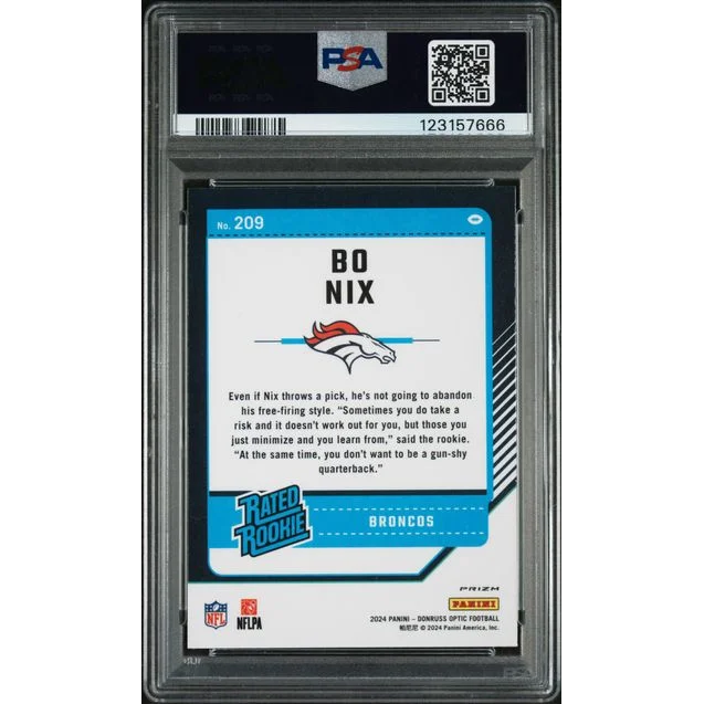 Graded 2024 Panini Donruss Optic Bo Nix #209 Holo Rookie RC Football Card PSA 10 Gem Mint | PSA 10 Gem Mint Graded Rookie Card | vintageantiquesgifts.com