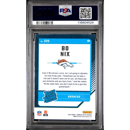 Graded 2024 Panini Donruss Optic Bo Nix #209 Rookie RC Football Card PSA 10 Gem Mint | PSA 10 Gem Mint Graded Rookie Card | vintageantiquesgifts.com
