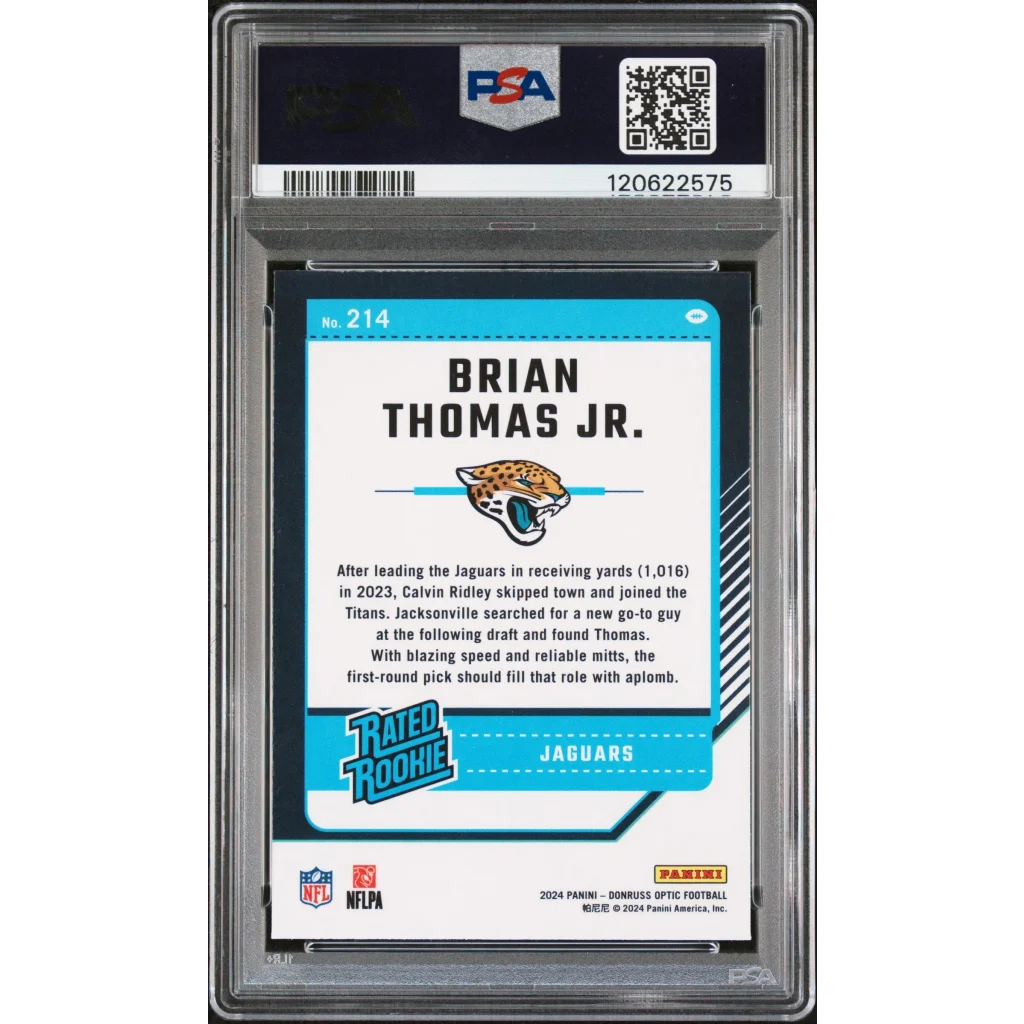 Graded 2024 Panini Donruss Optic Brian Thomas Jr. #214 Rookie RC Football Card PSA 6 Excellent | PSA 6 EX-MT Graded Rookie Card | vintageantiquesgifts.com