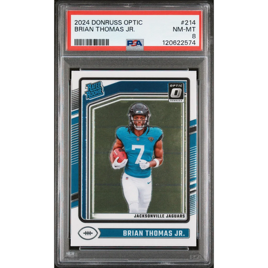 Graded 2024 Panini Donruss Optic Brian Thomas Jr. #214 Rookie RC Football Card PSA 8 Near Mint | Hall of Fame Sports Memorabilia | vintageantiquesgifts.com
