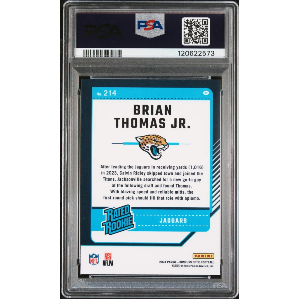 Graded 2024 Panini Donruss Optic Brian Thomas Jr. #214 Rookie RC Football Card PSA 9 Mint | PSA 9 Mint Graded Rookie Card | vintageantiquesgifts.com