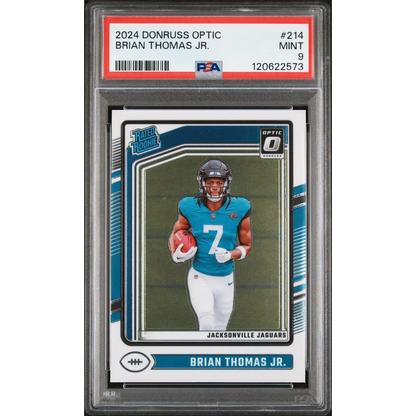 Graded 2024 Panini Donruss Optic Brian Thomas Jr. #214 Rookie RC Football Card PSA 9 Mint | Hall of Fame Sports Memorabilia | vintageantiquesgifts.com