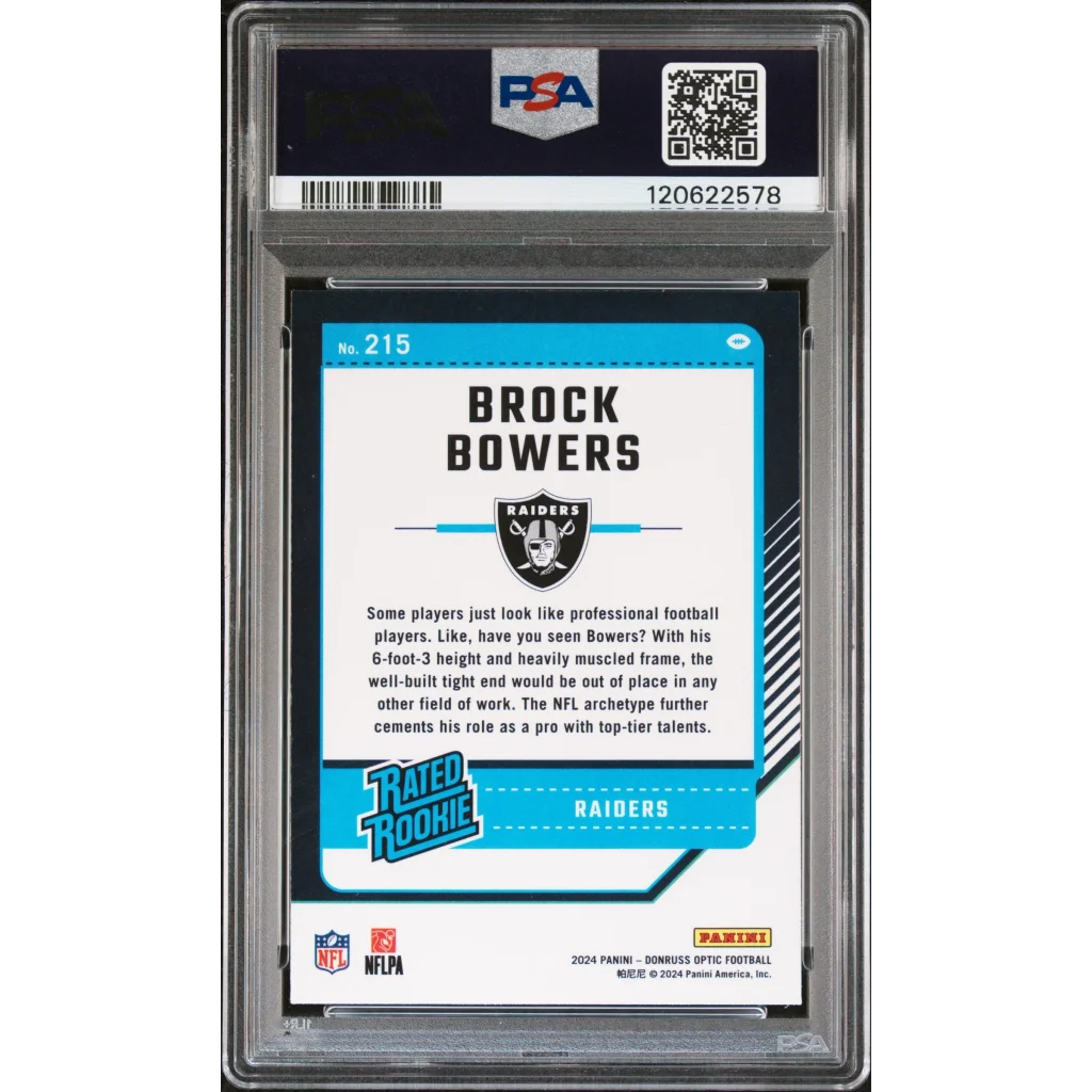 Graded 2024 Panini Donruss Optic Brock Bowers #215 Rookie RC Football Card PSA 10 Gem Mint | PSA 10 Gem Mint Graded Rookie Card | vintageantiquesgifts.com