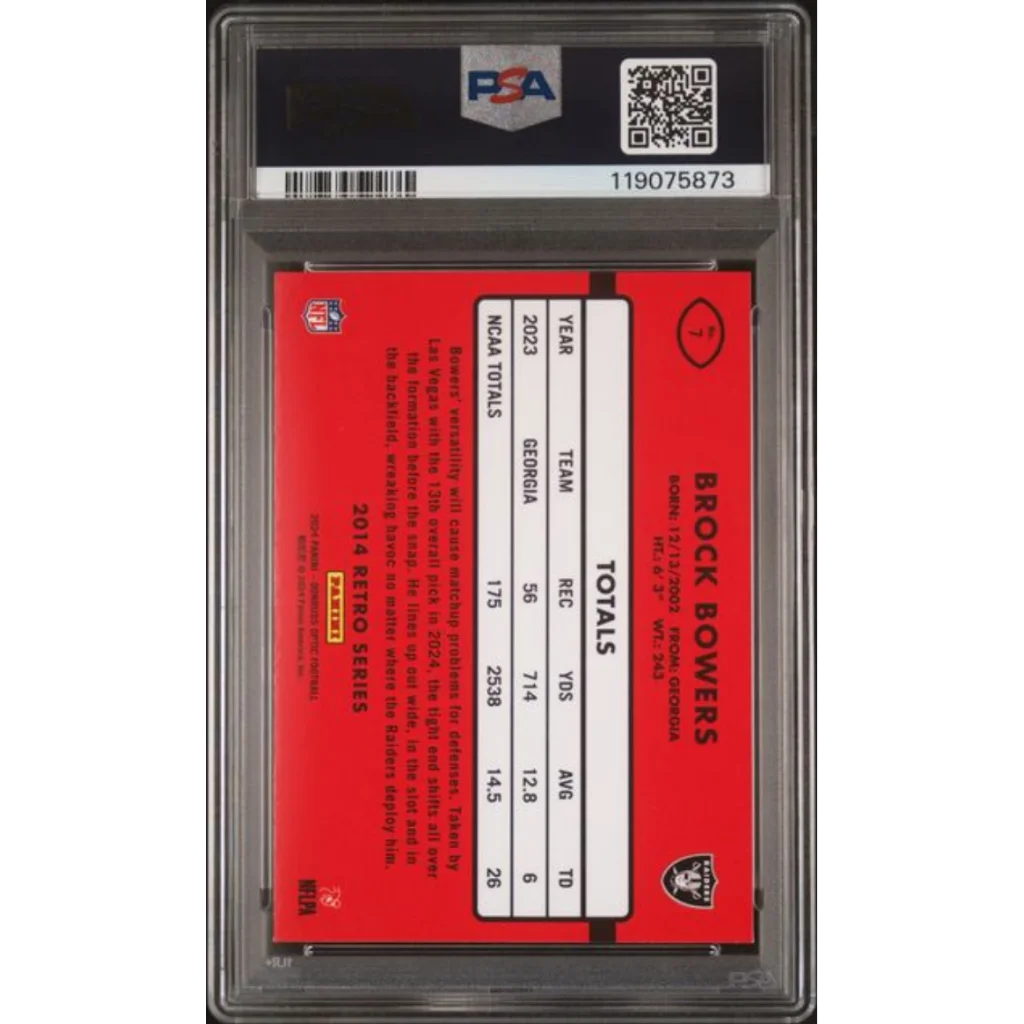 Graded 2024 Panini Donruss Optic Brock Bowers #7 2014 Retro Series Rookie RC Football Card PSA 10 Gem Mint | PSA 10 Gem Mint Graded Rookie Card | vintageantiquesgifts.com