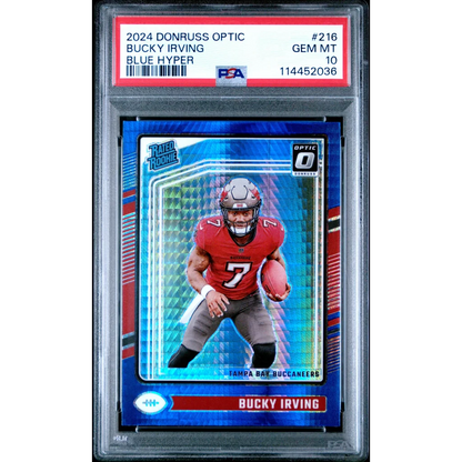 Graded 2024 Panini Donruss Optic Bucky Irving #216 Blue Hyper Rookie RC Football Card PSA 10 Gem Mint