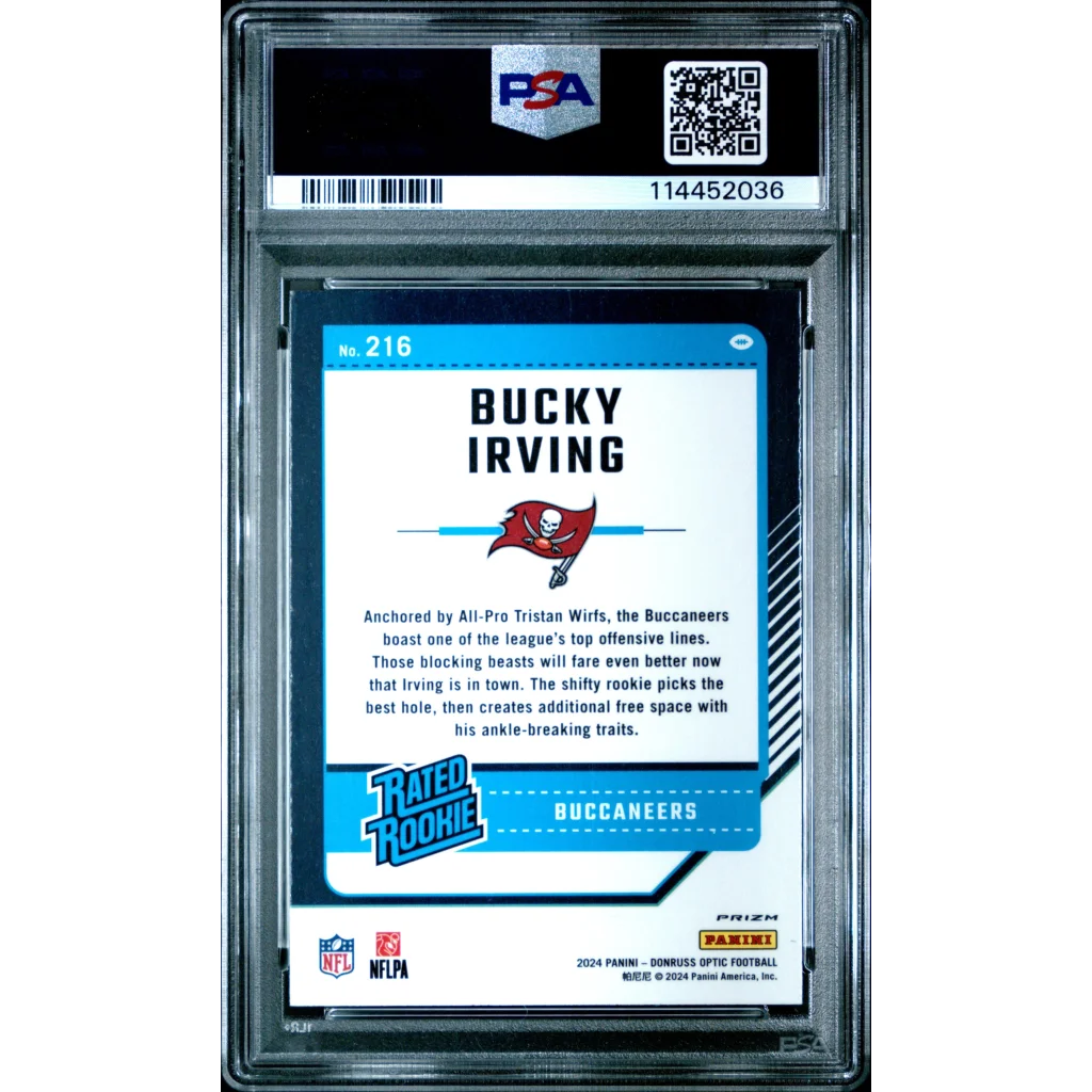 Graded 2024 Panini Donruss Optic Bucky Irving #216 Blue Hyper Rookie RC Football Card PSA 10 Gem Mint | PSA 10 Gem Mint Graded Rookie Card | vintageantiquesgifts.com