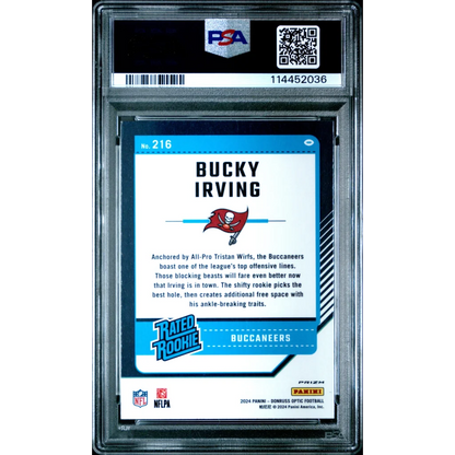Graded 2024 Panini Donruss Optic Bucky Irving #216 Blue Hyper Rookie RC Football Card PSA 10 Gem Mint | PSA 10 Gem Mint Graded Rookie Card | vintageantiquesgifts.com