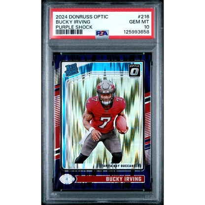 Graded 2024 Panini Donruss Optic Bucky Irving #216 Purple Shock Rookie RC Football Card PSA 10 Gem Mint