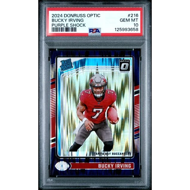 Graded 2024 Panini Donruss Optic Bucky Irving #216 Purple Shock Rookie RC Football Card PSA 10 Gem Mint | Hall of Fame Sports Memorabilia | vintageantiquesgifts.com