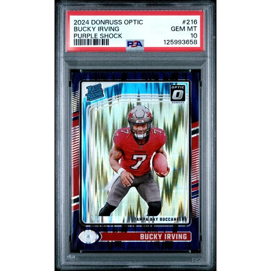 Graded 2024 Panini Donruss Optic Bucky Irving #216 Purple Shock Rookie RC Football Card PSA 10 Gem Mint | Hall of Fame Sports Memorabilia | vintageantiquesgifts.com