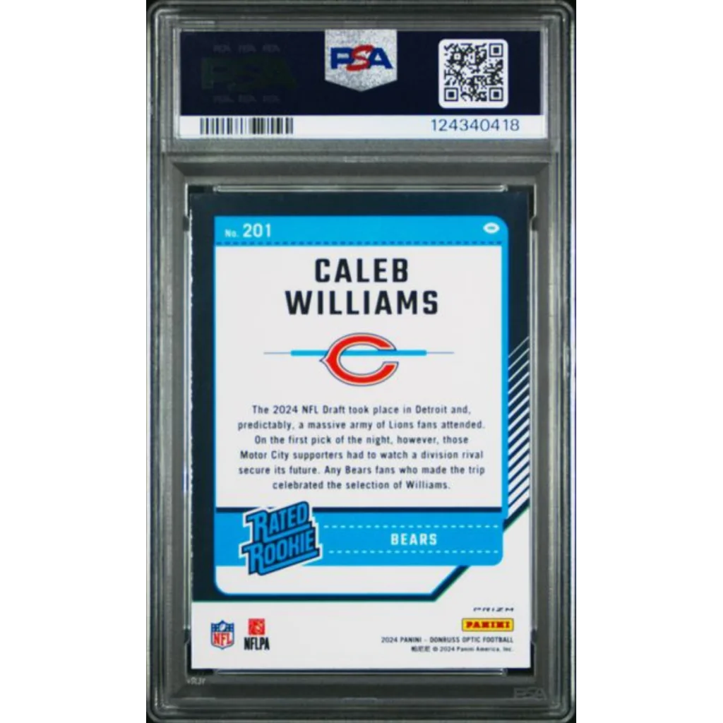 Graded 2024 Panini Donruss Optic Caleb Williams #201 Purple Shock Rookie RC Football Card PSA 10 Gem Mint | PSA 10 Gem Mint Graded Rookie Card | vintageantiquesgifts.com