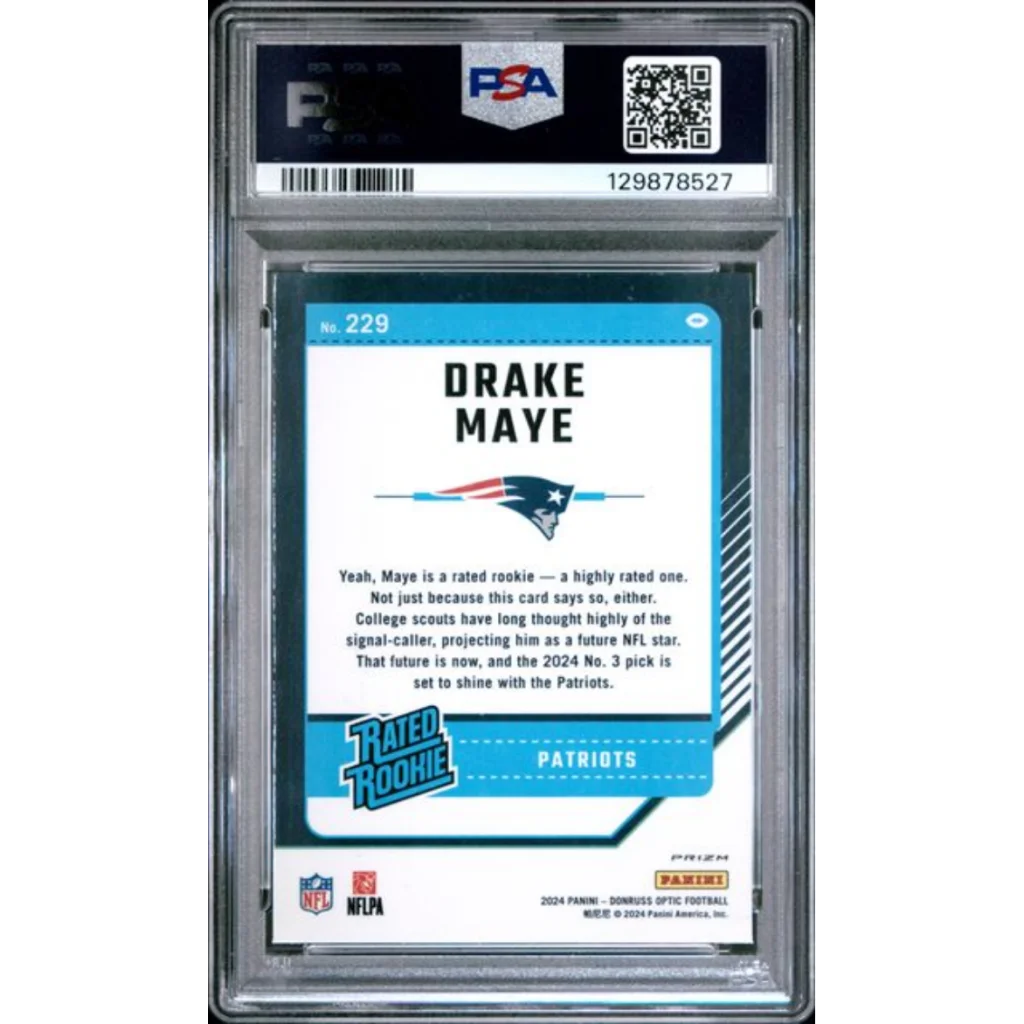 Graded 2024 Panini Donruss Optic Drake Maye #229 Green Hyper Rookie RC Football Card PSA 10 Gem Mint | PSA 10 Gem Mint Graded Rookie Card | vintageantiquesgifts.com