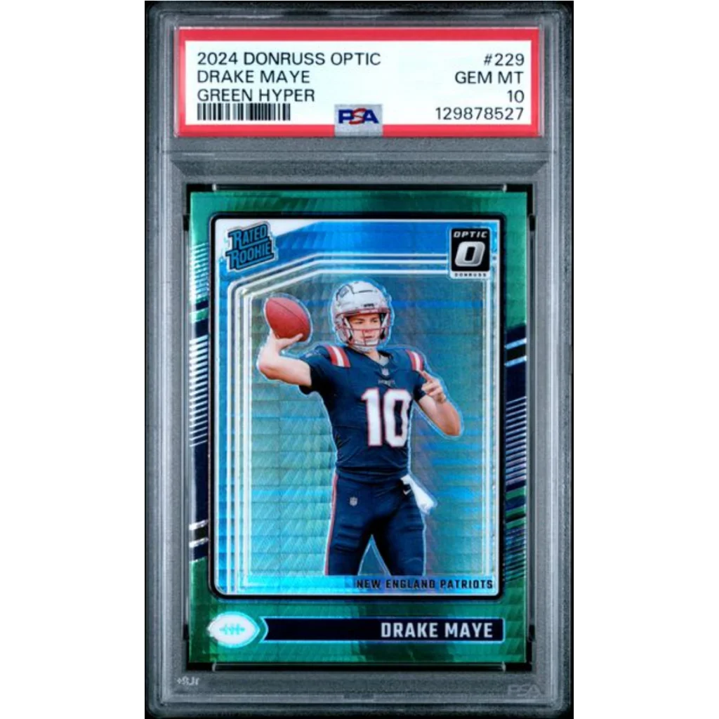 Graded 2024 Panini Donruss Optic Drake Maye #229 Green Hyper Rookie RC Football Card PSA 10 Gem Mint | Hall of Fame Sports Memorabilia | vintageantiquesgifts.com