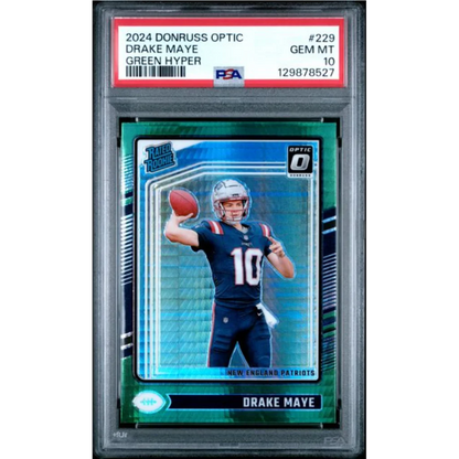 Graded 2024 Panini Donruss Optic Drake Maye #229 Green Hyper Rookie RC Football Card PSA 10 Gem Mint | Hall of Fame Sports Memorabilia | vintageantiquesgifts.com