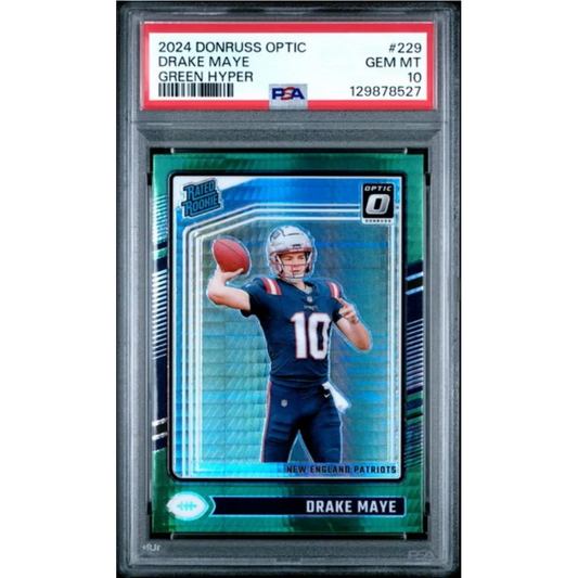 Graded 2024 Panini Donruss Optic Drake Maye #229 Green Hyper Rookie RC Football Card PSA 10 Gem Mint | Hall of Fame Sports Memorabilia | vintageantiquesgifts.com