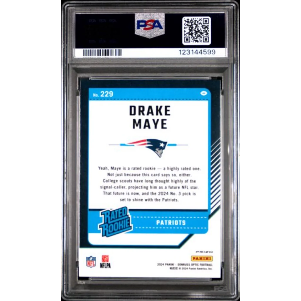 Graded 2024 Panini Donruss Optic Drake Maye #229 Purple Shock Rookie RC Football Card PSA 10 Gem Mint | PSA 10 Gem Mint Graded Rookie Card | vintageantiquesgifts.com