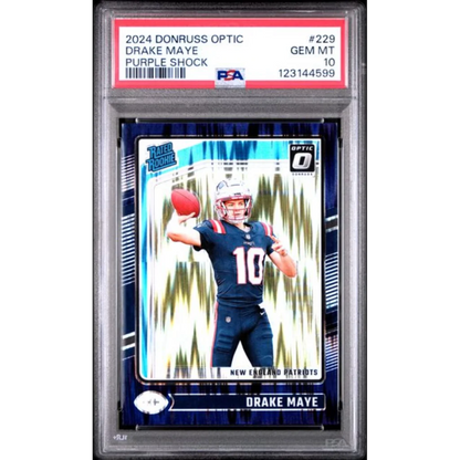 Graded 2024 Panini Donruss Optic Drake Maye #229 Purple Shock Rookie RC Football Card PSA 10 Gem Mint | Hall of Fame Sports Memorabilia | vintageantiquesgifts.com