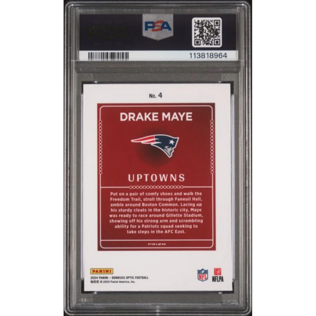 Graded 2024 Panini Donruss Optic Drake Maye #4 Uptowns Rookie RC Football Card PSA 10 Gem Mint | PSA 10 Gem Mint Graded Rookie Card | vintageantiquesgifts.com