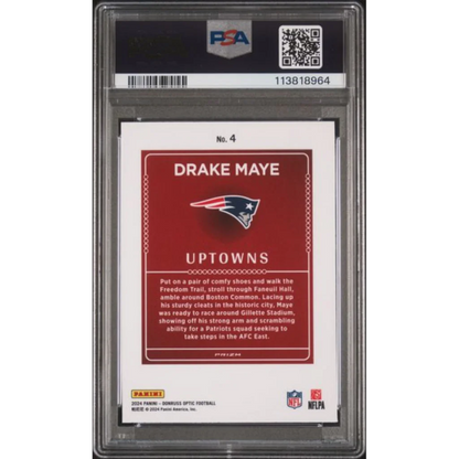 Graded 2024 Panini Donruss Optic Drake Maye #4 Uptowns Rookie RC Football Card PSA 10 Gem Mint | PSA 10 Gem Mint Graded Rookie Card | vintageantiquesgifts.com