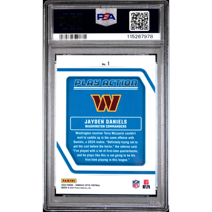 Encased Jayden Daniels 2024 Donruss Optic Rookie Card PSA Graded sports trading card