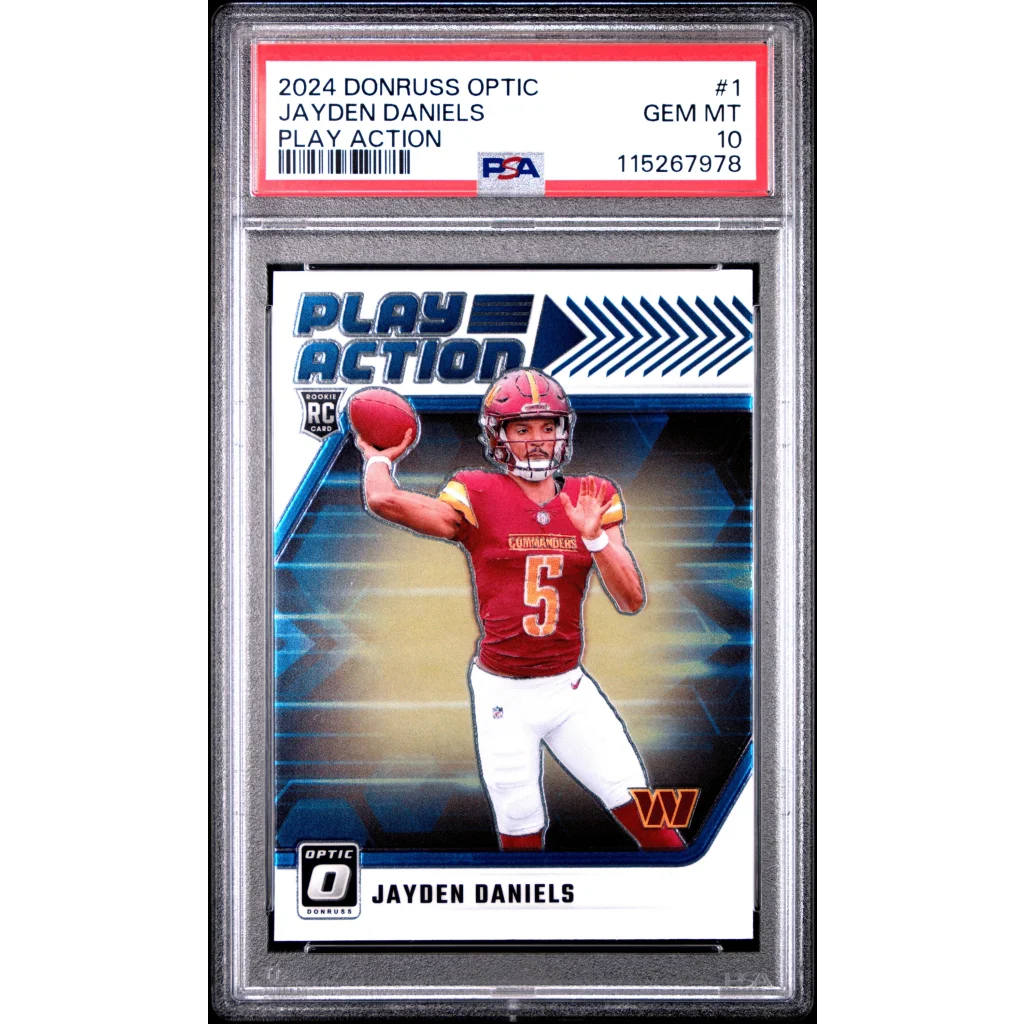 PSA graded Jayden Daniels 2024 Donruss Optic Play Action rookie card display