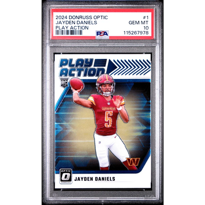 PSA graded Jayden Daniels 2024 Donruss Optic Play Action rookie card display